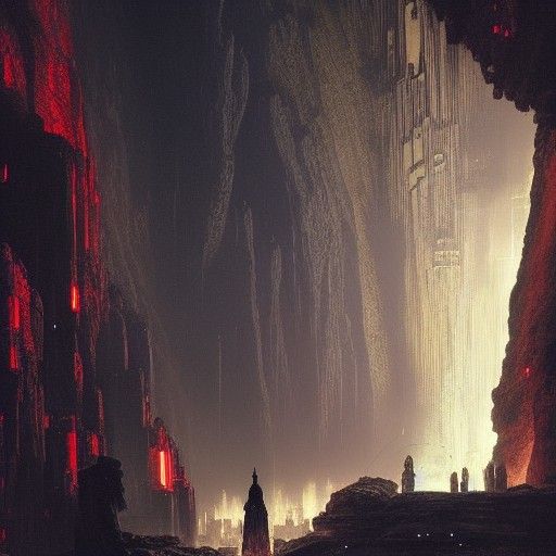 Red Buddha Statue in Cyberpunk Cave