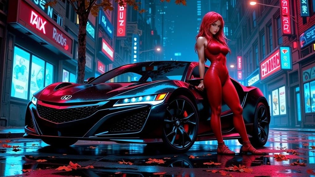 Asuka Langley Soryu Leans on Honda NSX in Cyberpunk Gotham
