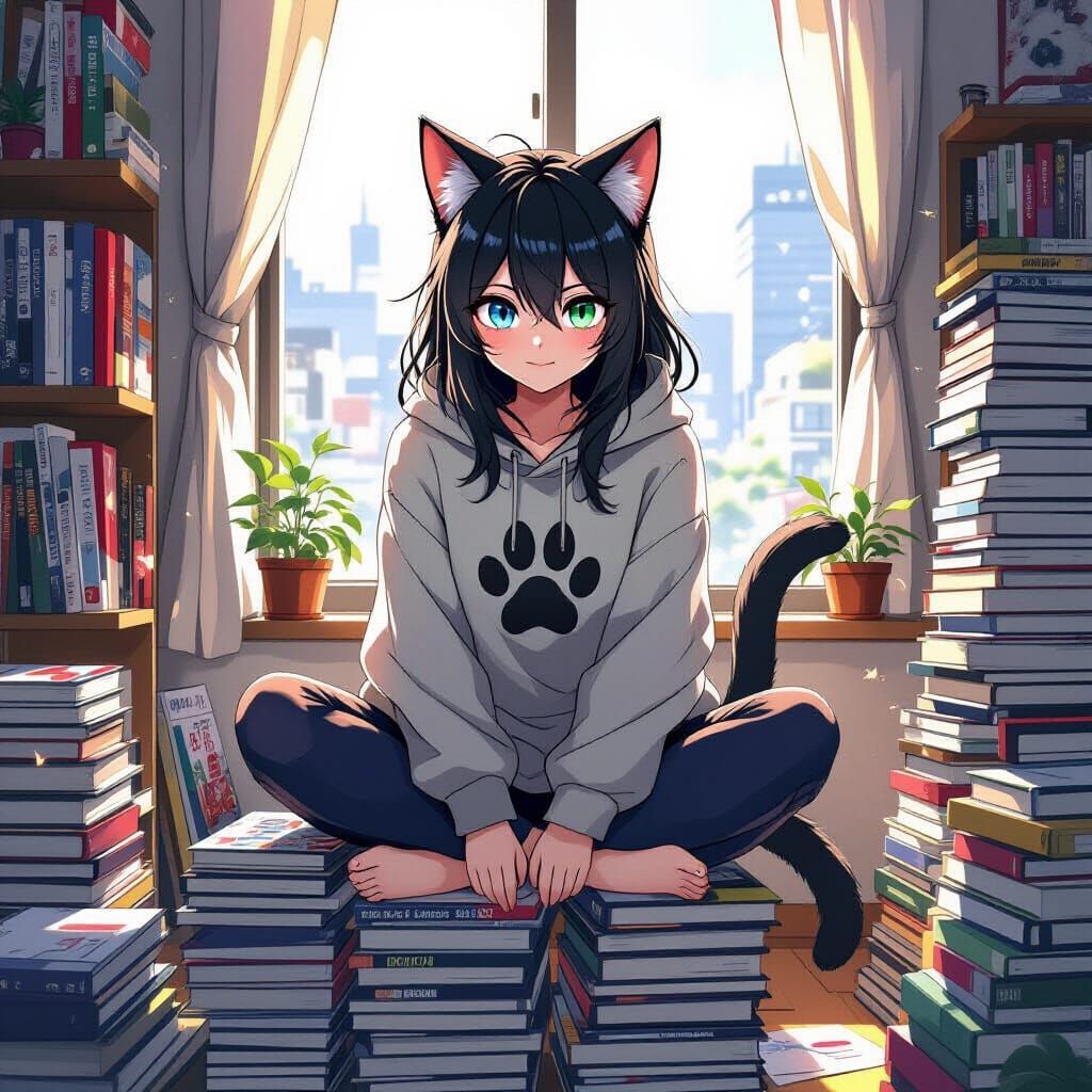 Anime Cat-Girl on Manga Stack in Tokyo Apartment