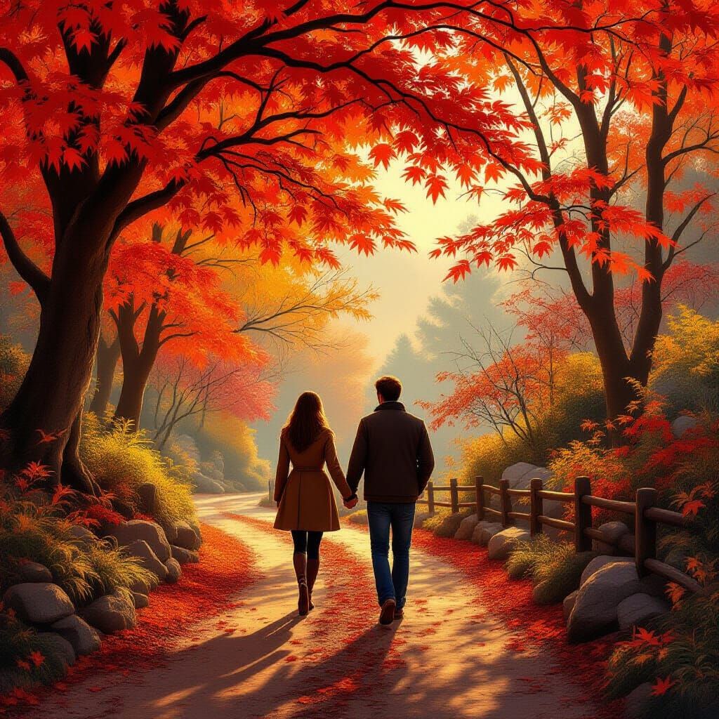 Romantic Couple on Autumn Path in Golden Hour Light