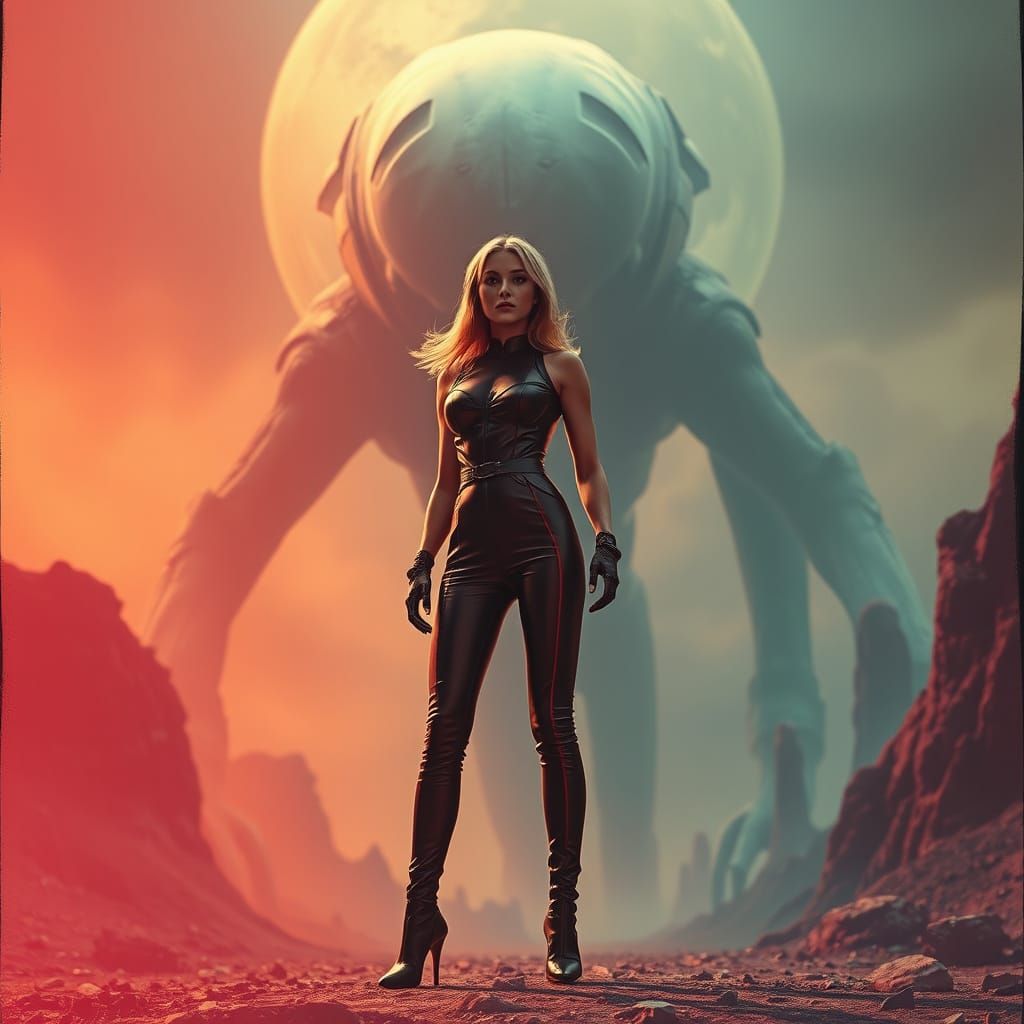 Retro-Futuristic Woman vs Alien in Vintage Style