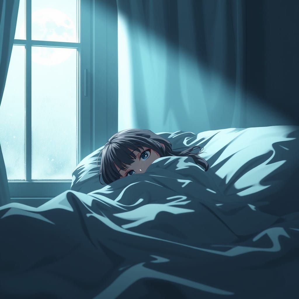 Ethereal 3D Anime Scene of a Girl in a Haunted Bedroom