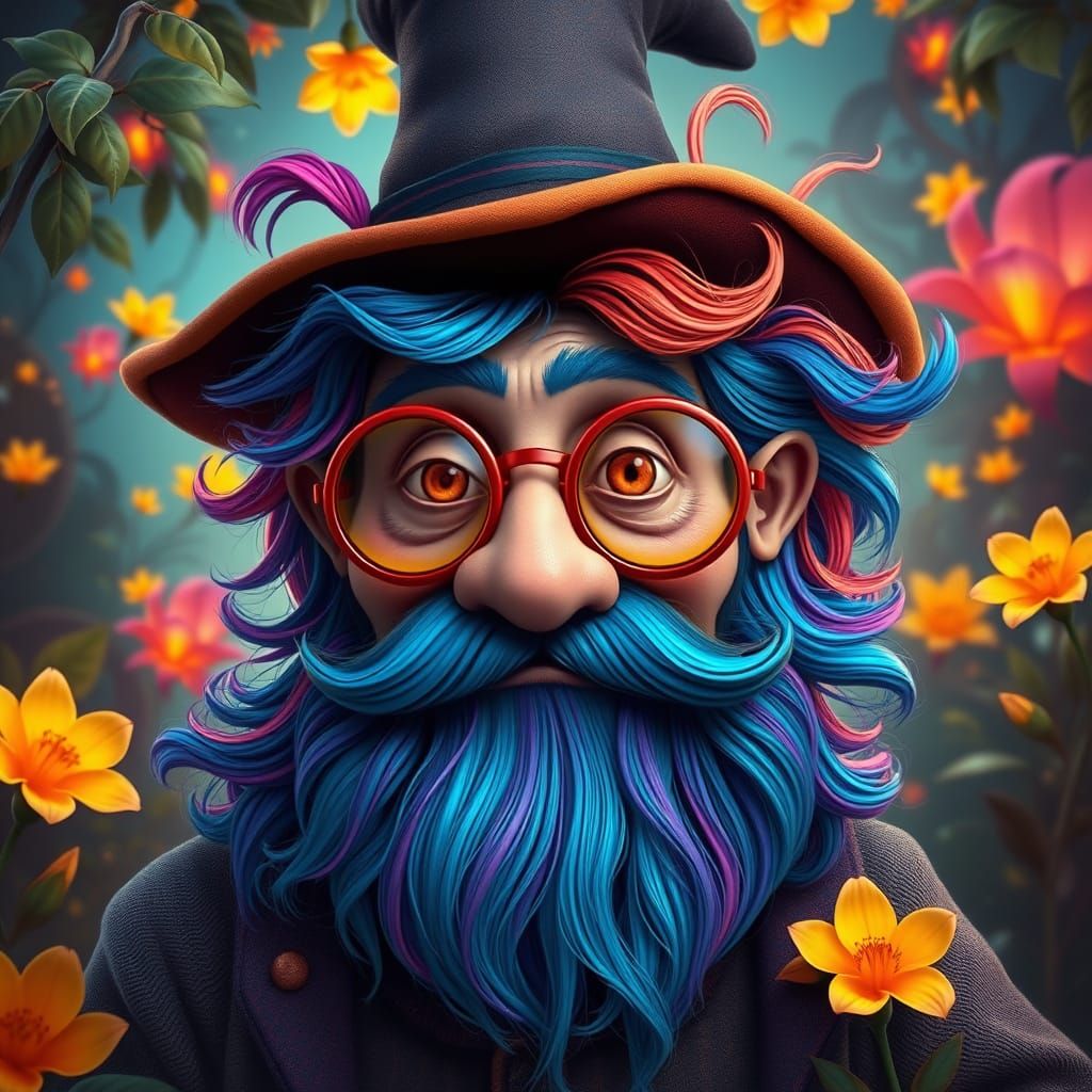 Magical Sage with Unruly Beard and Glowing Plants