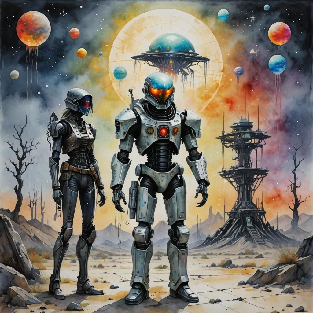 Gunslinger vs Robot on Alien Planet, Watercolor Style