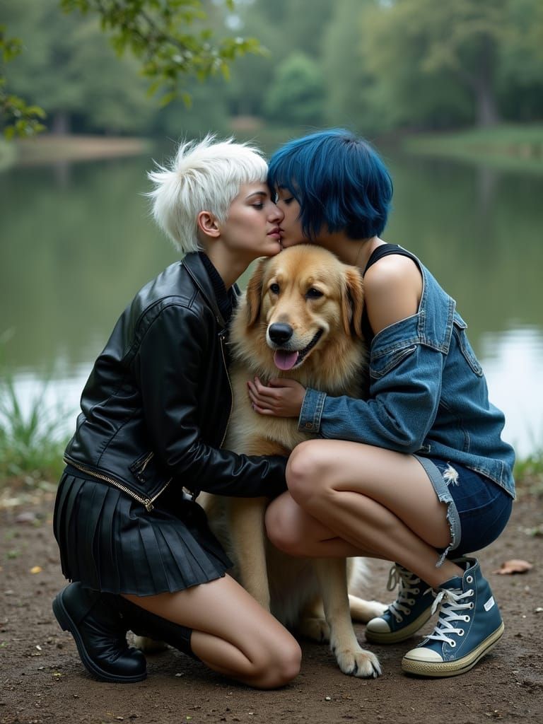 Goth Girls and Majestic Dog Embrace in Serene Lakeside Park
