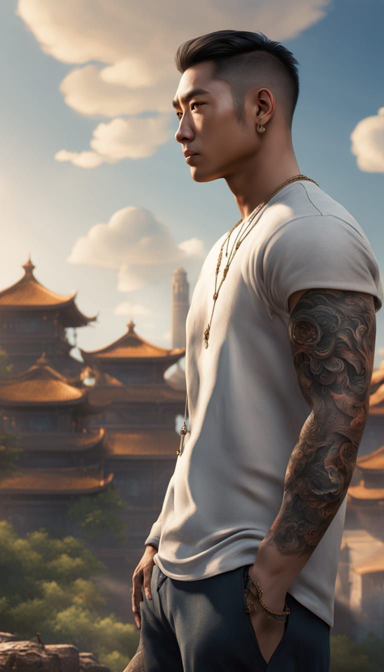 Man with Tattoos in Golden Hour Serenity