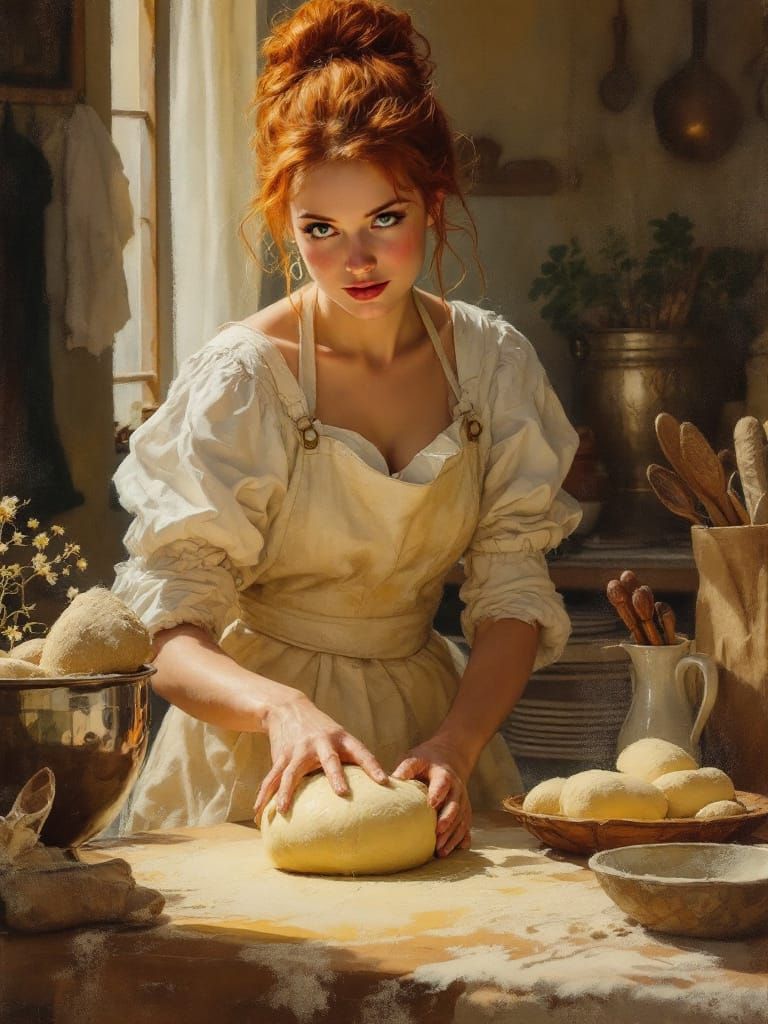 Redhead Baker Kneading Dough in Luminous Kitchen