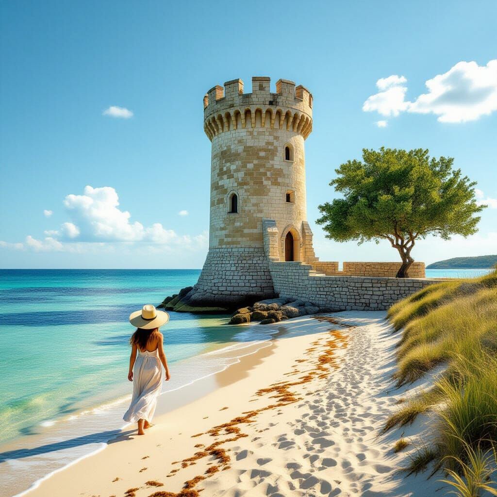 Medieval Tower by the Sea with Girl in Panama Hat