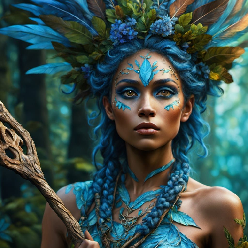 Mystical Forest Dryad with Glowing Runes, Fantasy Art