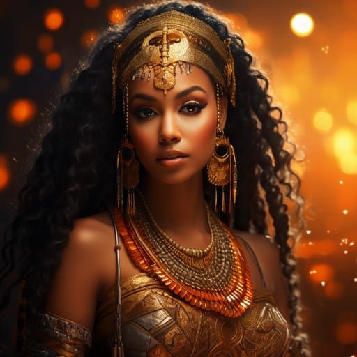 Young Black Woman with Ancient Jewelry in Avocadopunk Style