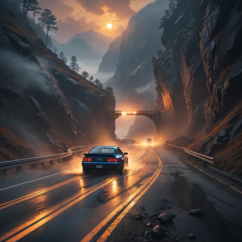 Car Drifting Through Misty Mountain Tunnel