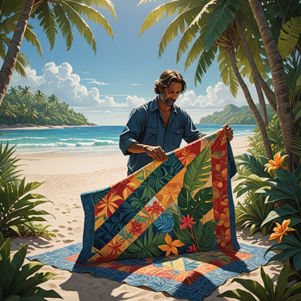 Man with Quilt on Tropical Beach with Harp