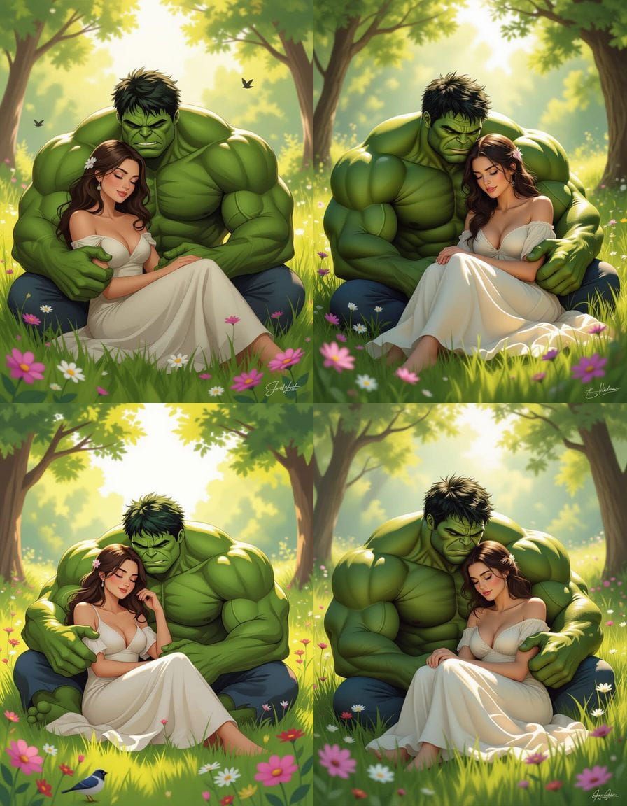 Hulk's Serene Rest: Tenderness in a Meadow