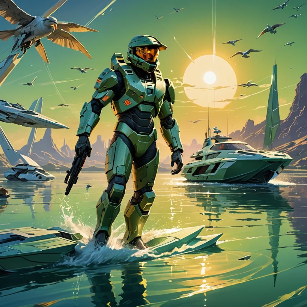 Master Chief from Halo is practicing sailing on a green UNSC...