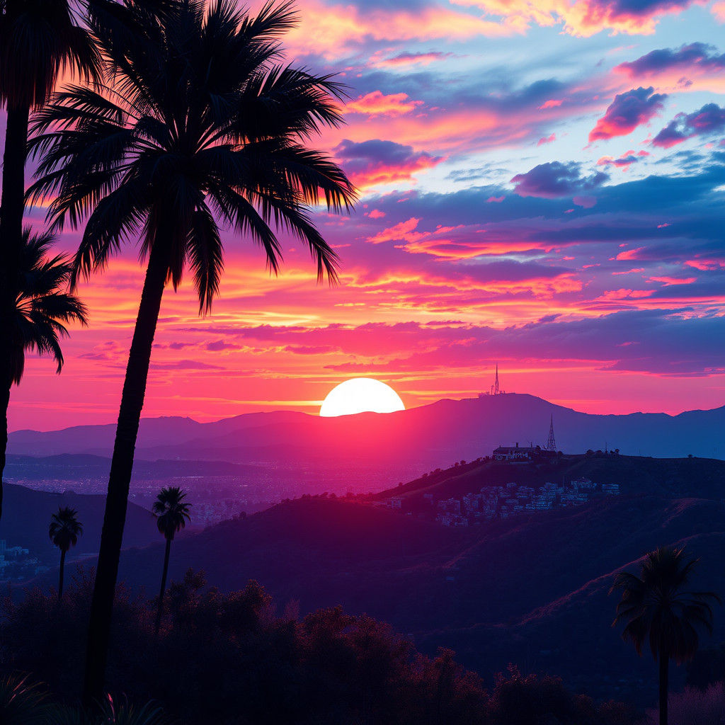 Hollywood Hills Sunset in Futuristic Digital Art