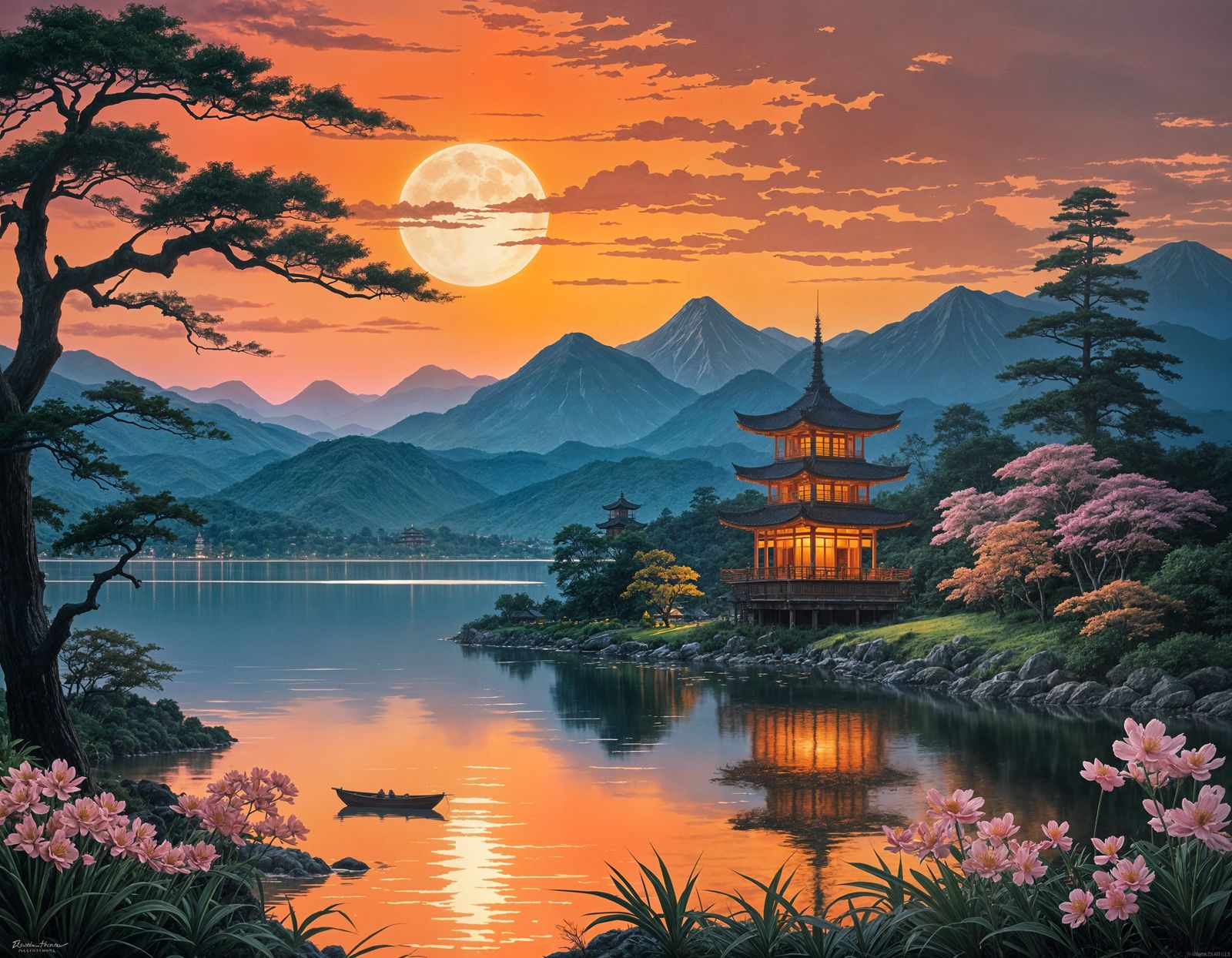 Twilight Oriental Landscape Watercolor Painting
