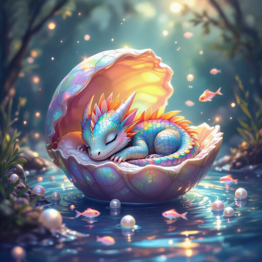 Dragon Hatchling Sleeps in Iridescent Shell, Digital Matte P...