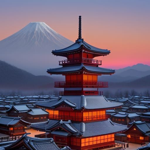 Surreal Japanese Village With Red Sun And Mountains