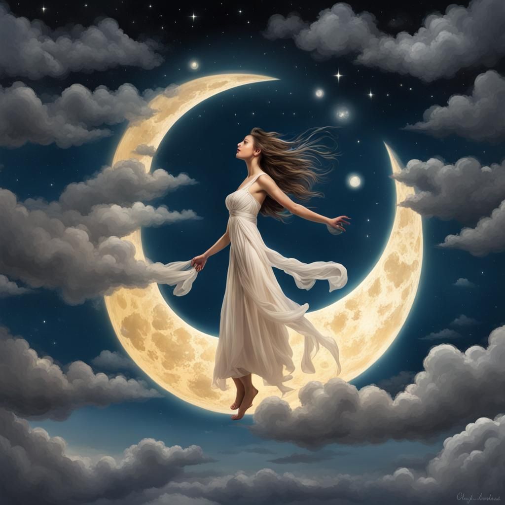 Luminous Moon Woman Amidst Night Clouds