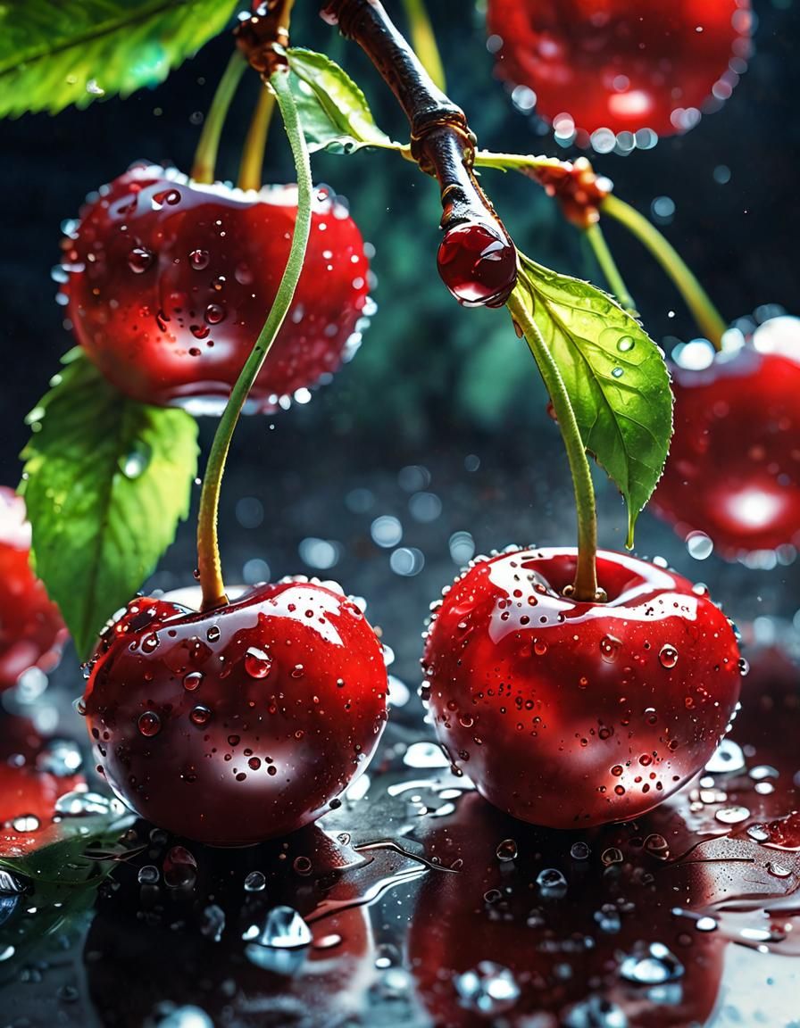 Watercolour Painting, Hyper realistic pair of vibrant Cherri...