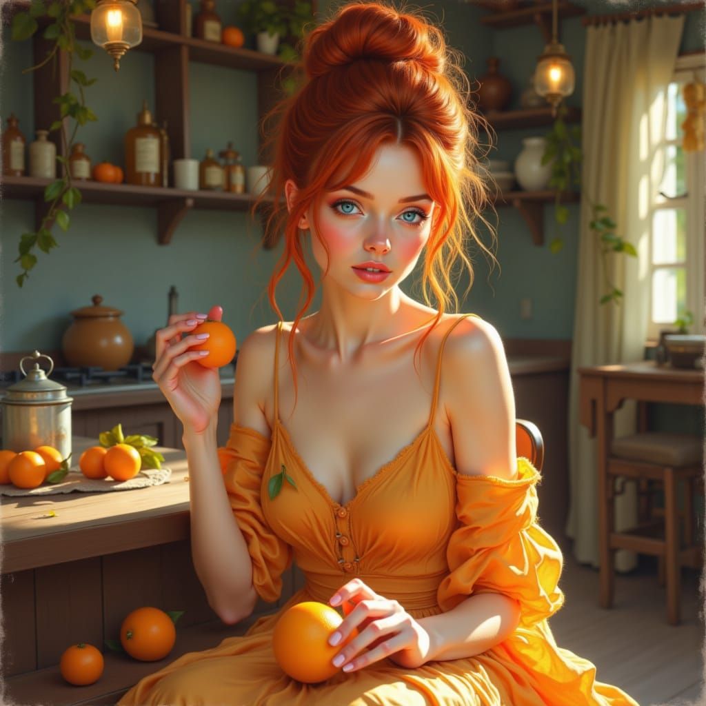 Woman Enjoying an Orange in a Sunlit Kitchen
