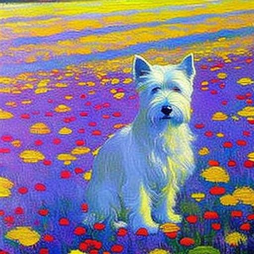 Westie in Strawberry Field: Ethereal Impressionist Painting