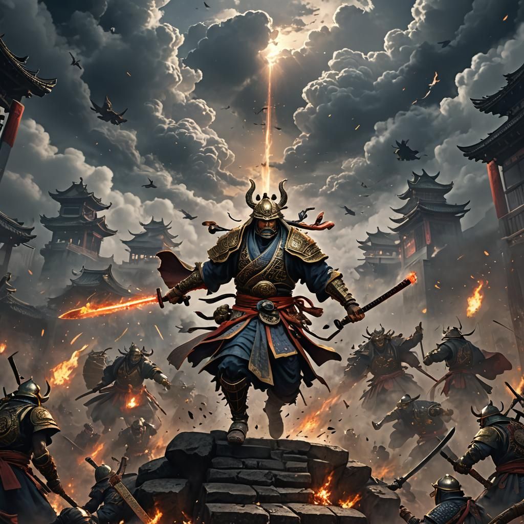 Kensei's Leap Above the Inferno: Dark Fantasy Art