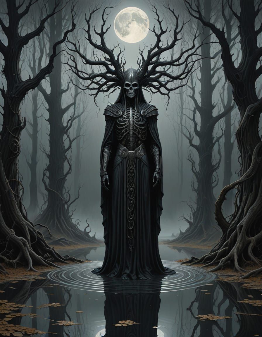 Enigmatic Figure in Twilight Forest, Shrouded in Mystical Ha...