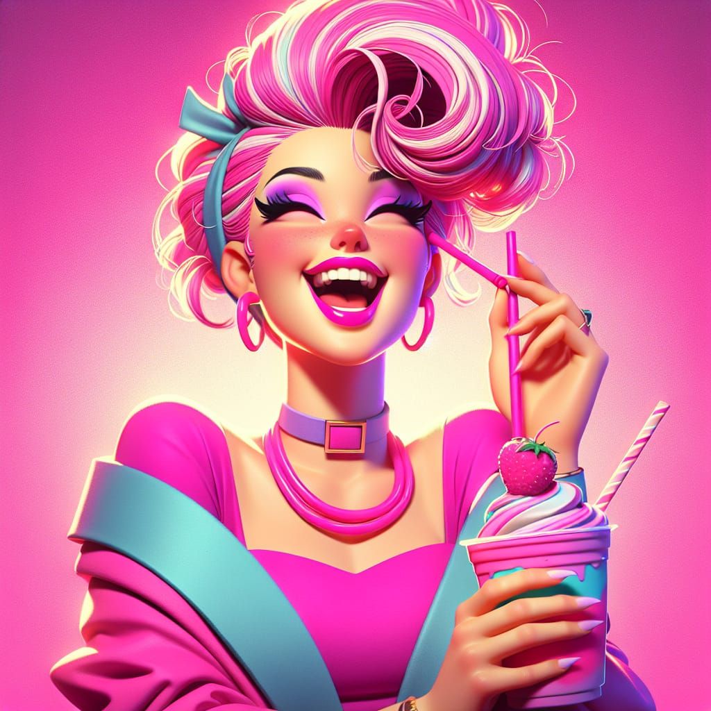 Disney Pixar style 3D beautiful woman wearing pink glamour punk, 80s style clothes and hair, lovely face, drinking a col...