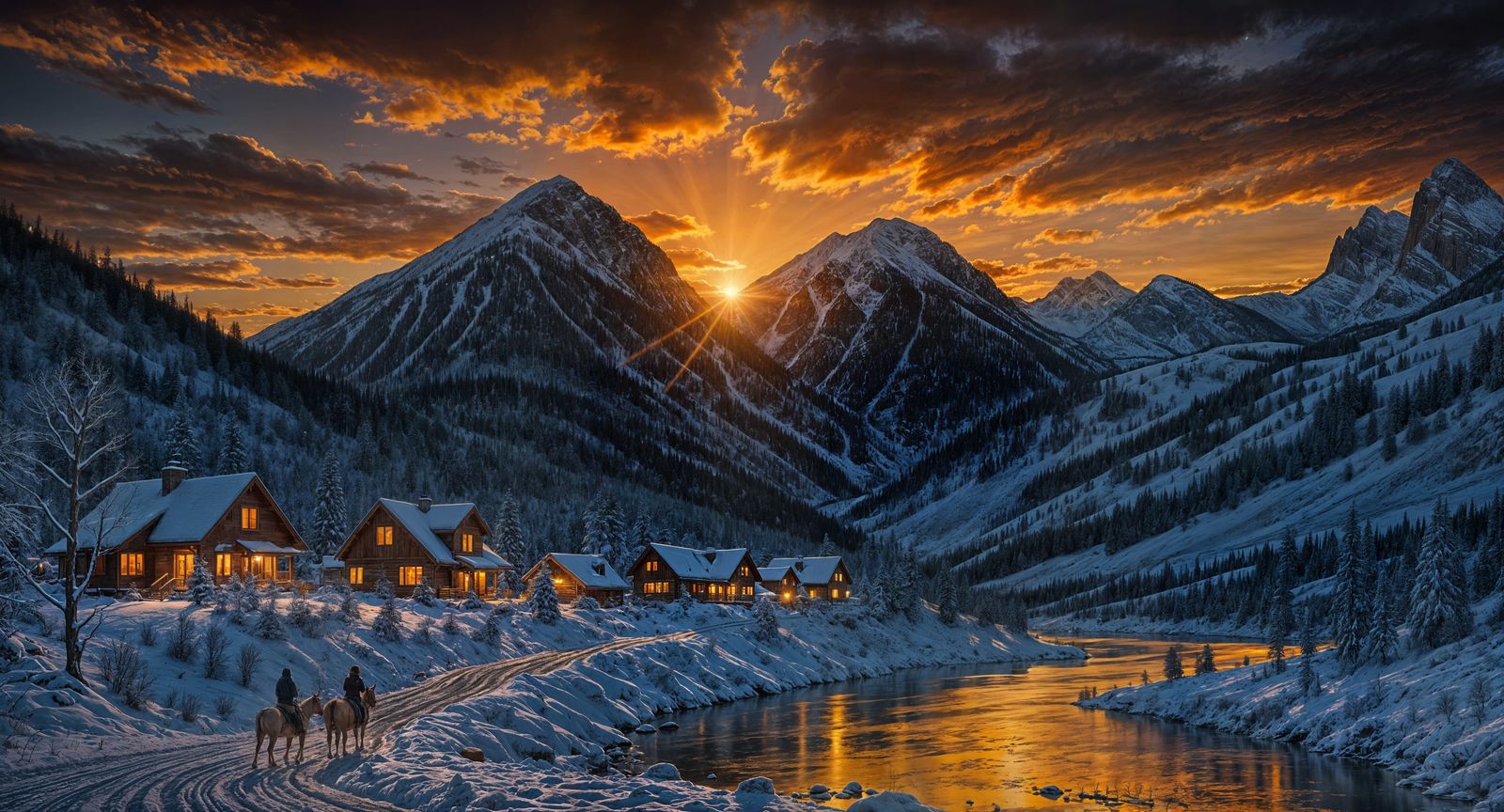 Impressionistic Winter Mountain Village at Golden Hour