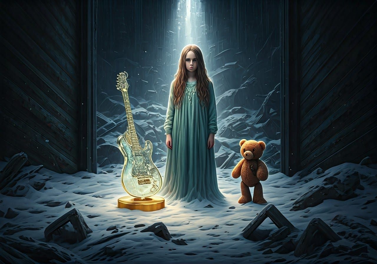 Antarctic Guitar Junkyard with Glass Statue, Hyperdetailed A...