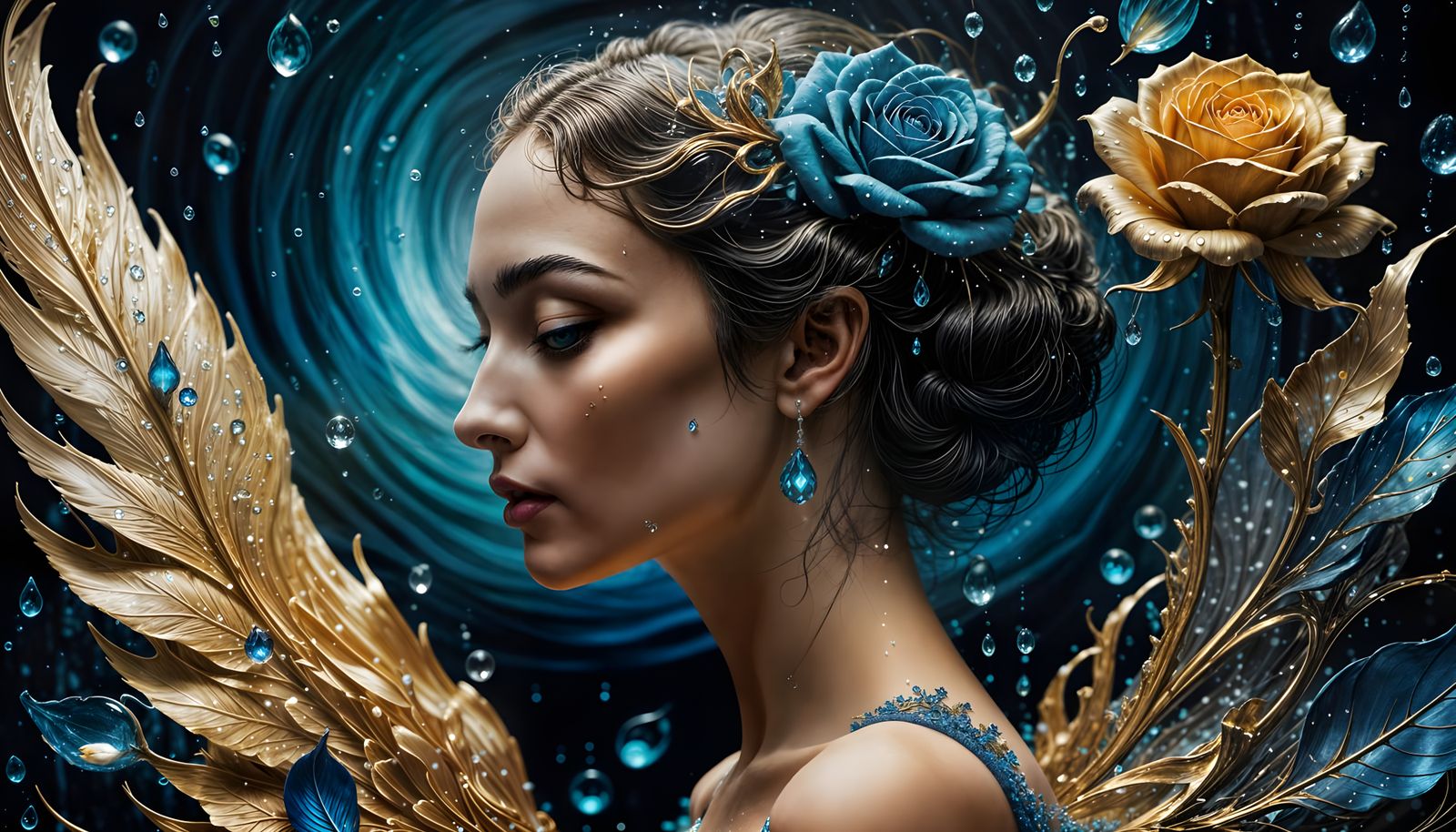 Surreal Double Exposure Art Nouveau Masterpiece with Cobalt-...