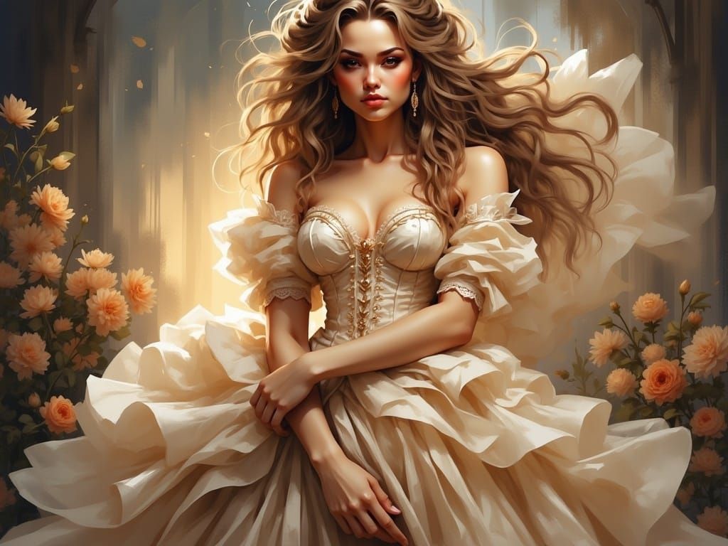 Victorian Woman in Fluffy Dress, Pre-Raphaelite Style