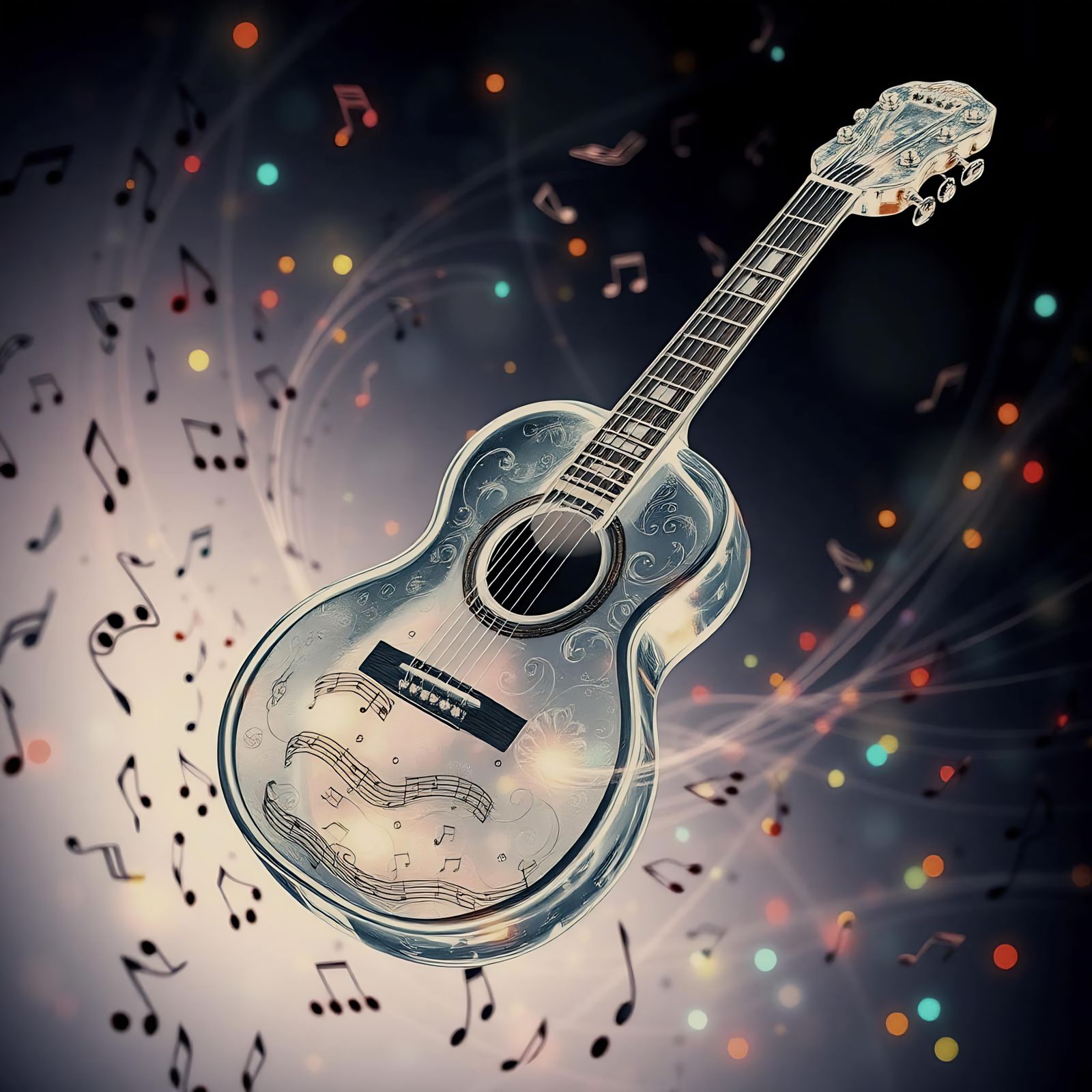 Glass Guitar with Floating Musical Notes
