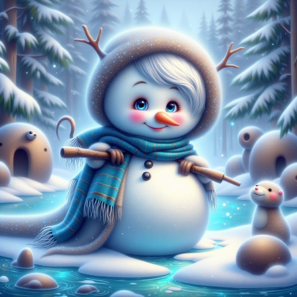 Snowman Child in Enchanted Winter Forest