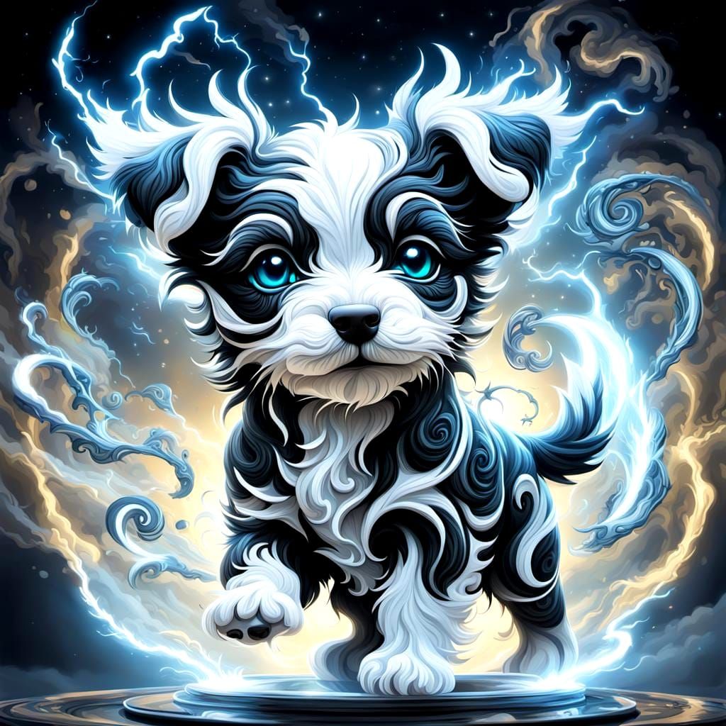 Puppy Punches Through Lightning Mirror in Fantasy Art