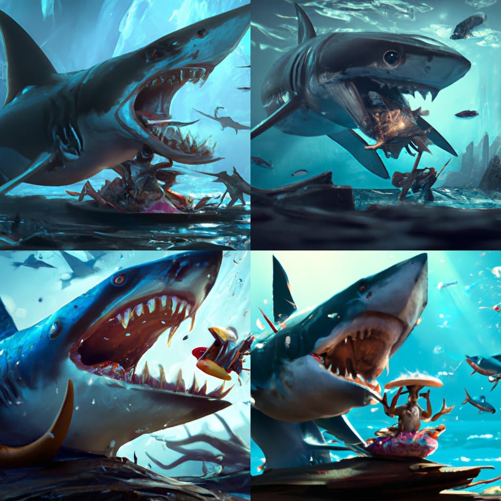 Shark Eats Crab in Detailed Matte Painting Style