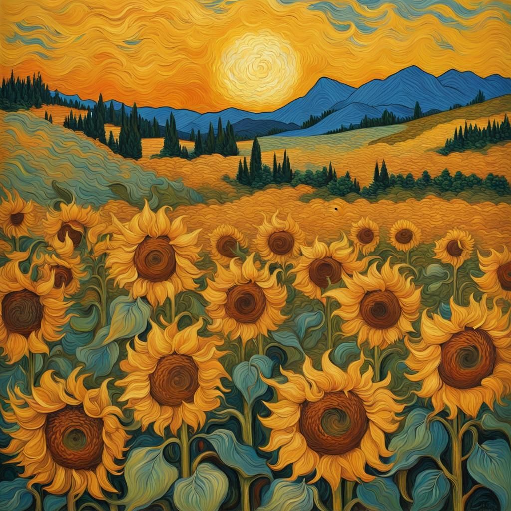 Sunflower Field Sunset in Van Gogh Style