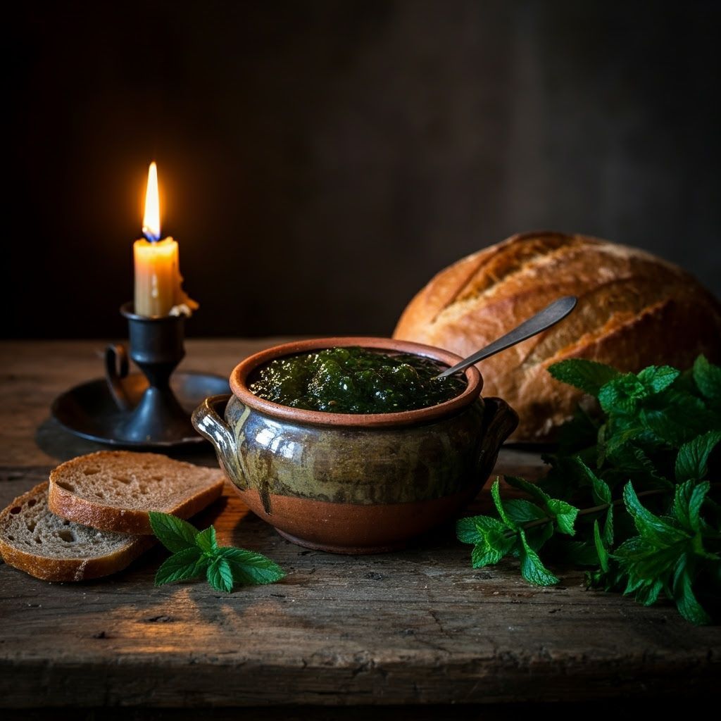 Vibrant Mint Jam in Medieval Bowl, Dutch Golden Age Style