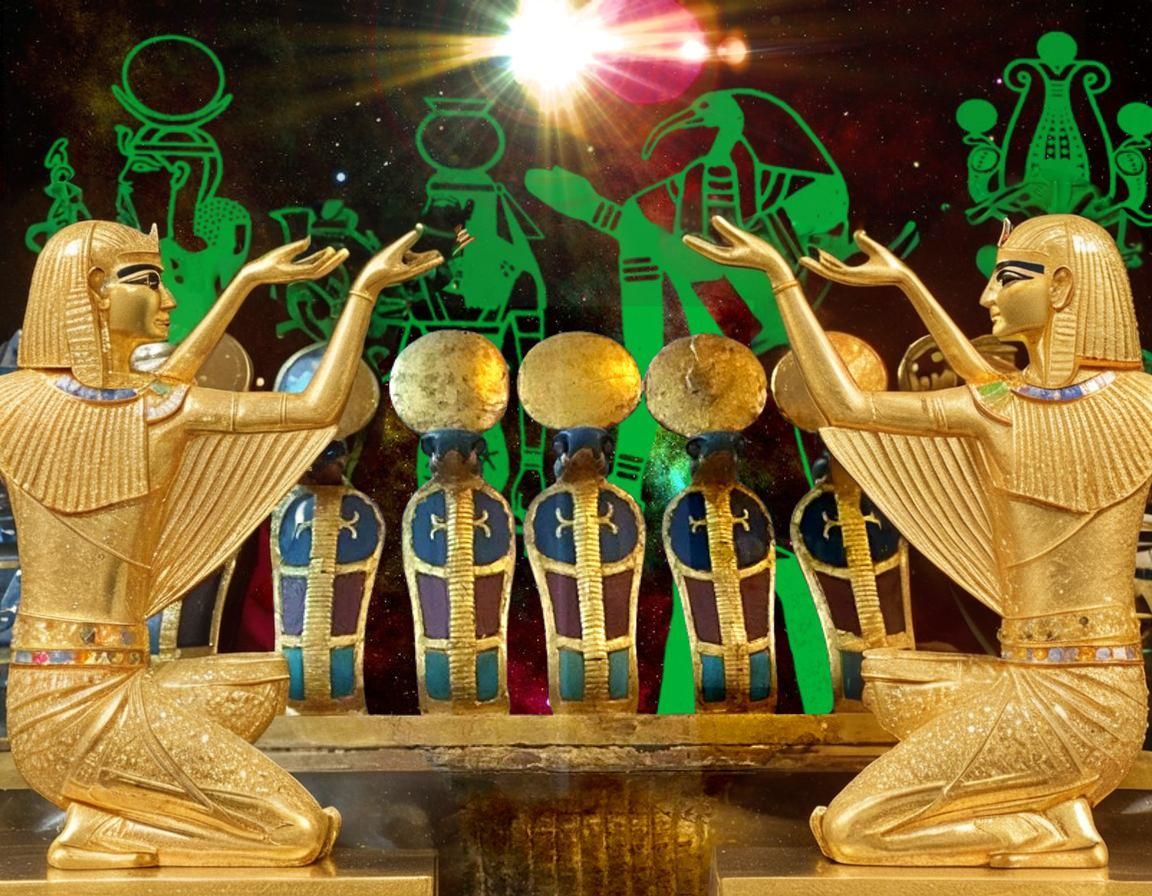 Egyptian Pharaohs in Gold Jewelry, 3D Render