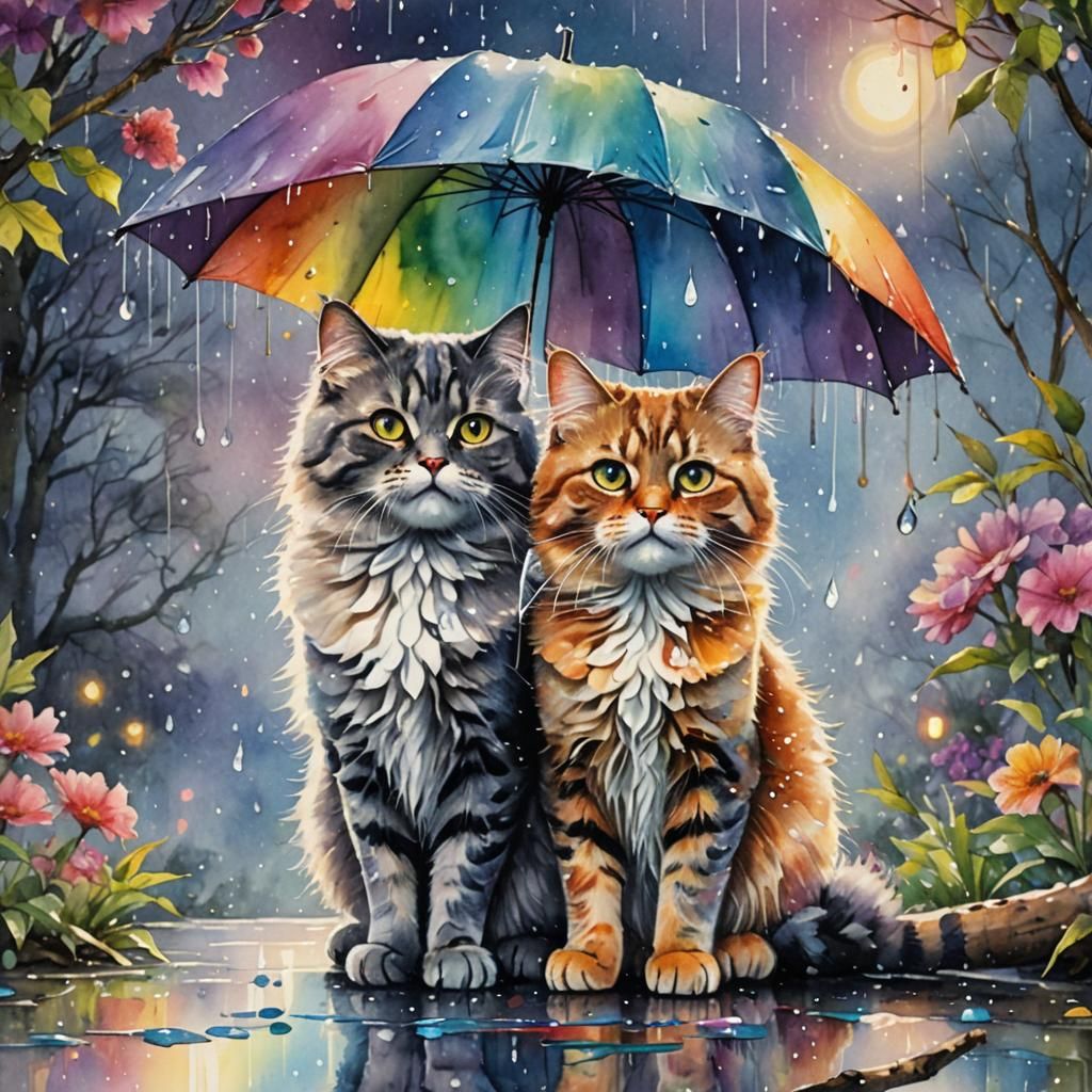 Watercolor British Cats Under Rainbow Umbrella