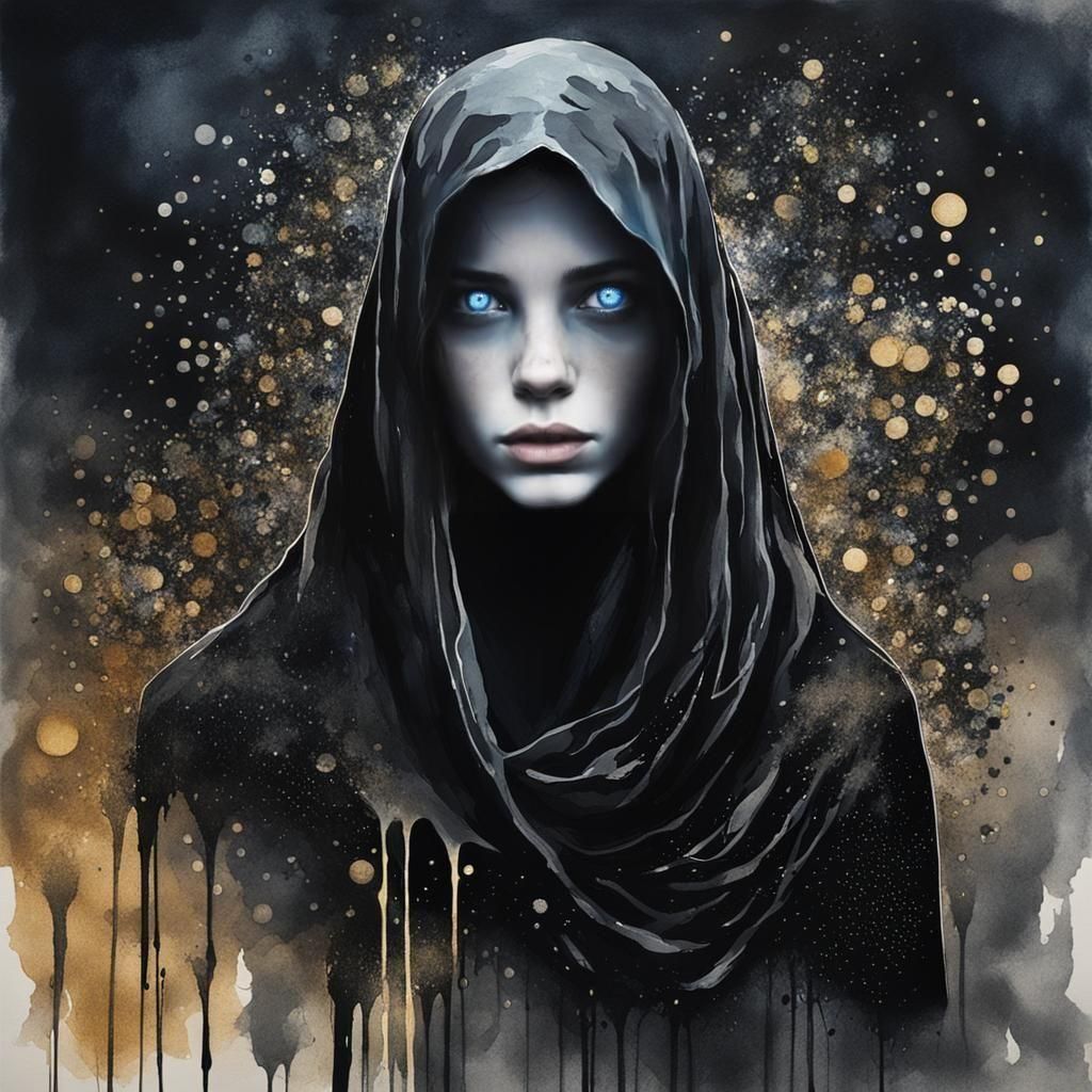 Mourning Woman Portrait in Ethereal Glitter Art Style