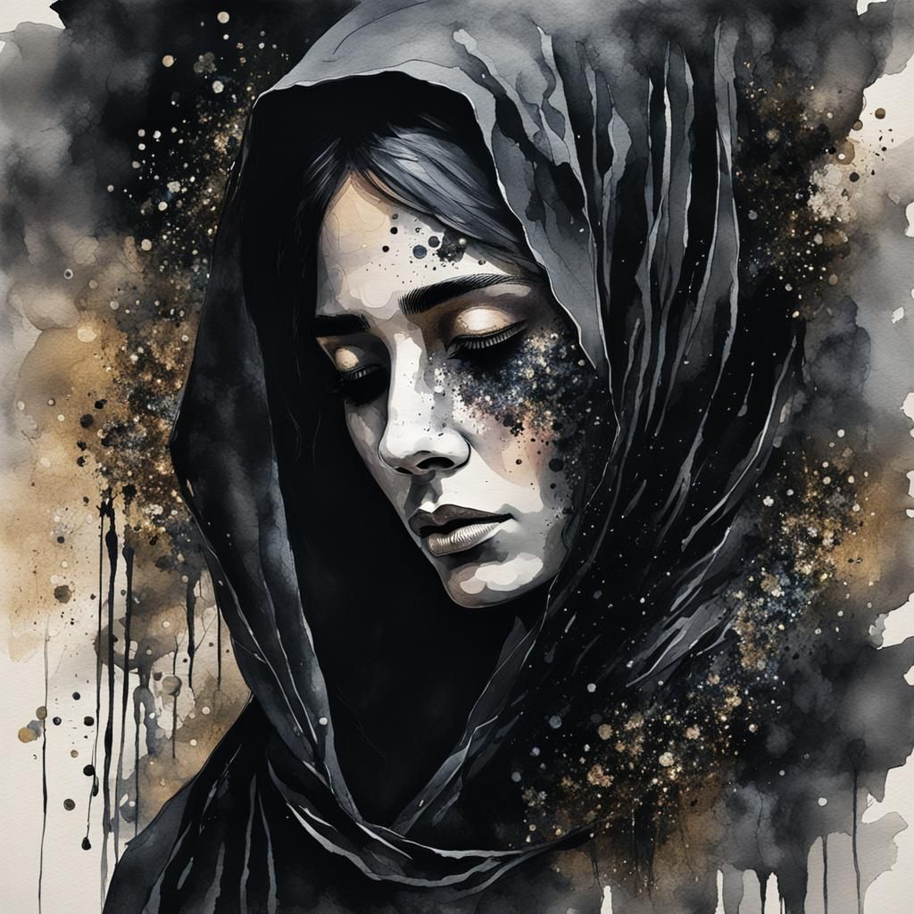 Mourning Woman Portrait with Glitter Art Background