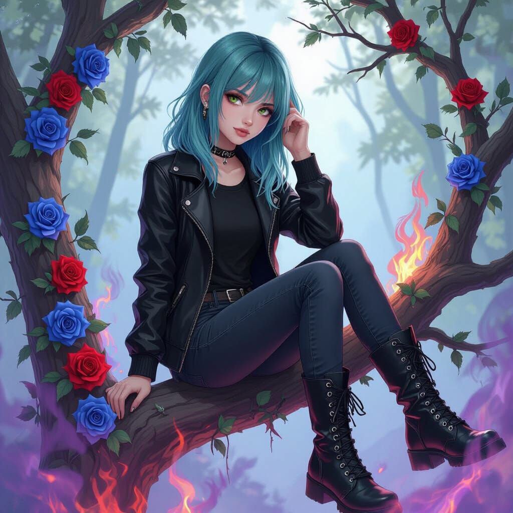 Girl with Colorful Hair in Fiery Landscape