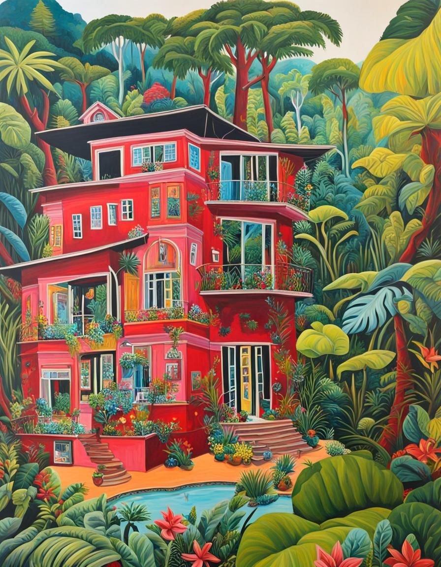 Red Jungle House in Maximalist Acrylic Style