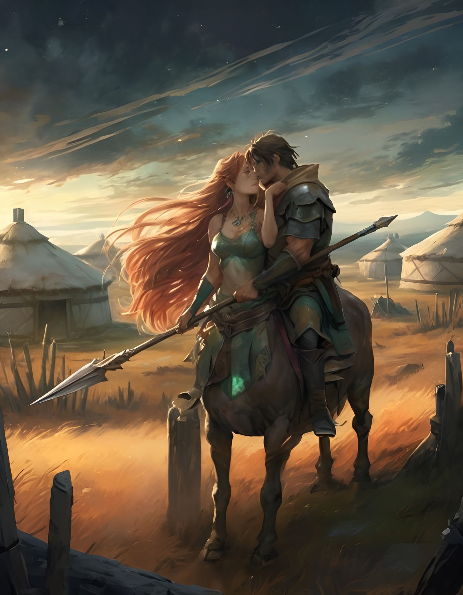 Romantic Centaur Kiss in Steppe Village