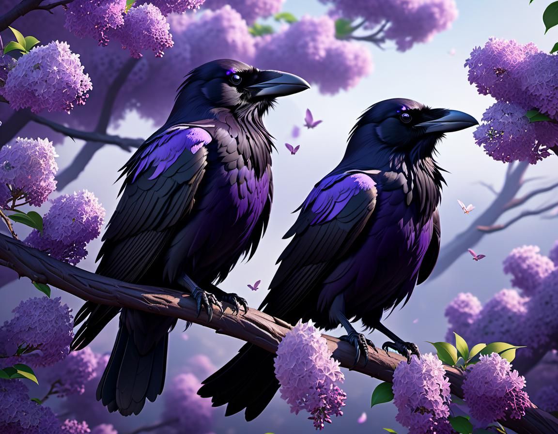 Ravens in Lilac Tree: 3D Anime Art