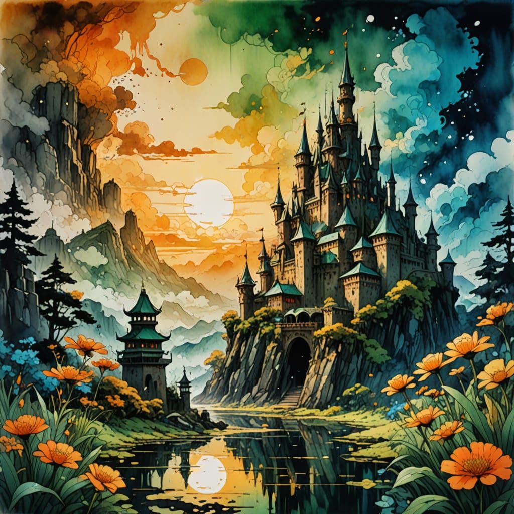 Vintage huge castle, 64 megapixels perfect composition, high contrast, cinematic, atmospheric maximalist epic dark green...