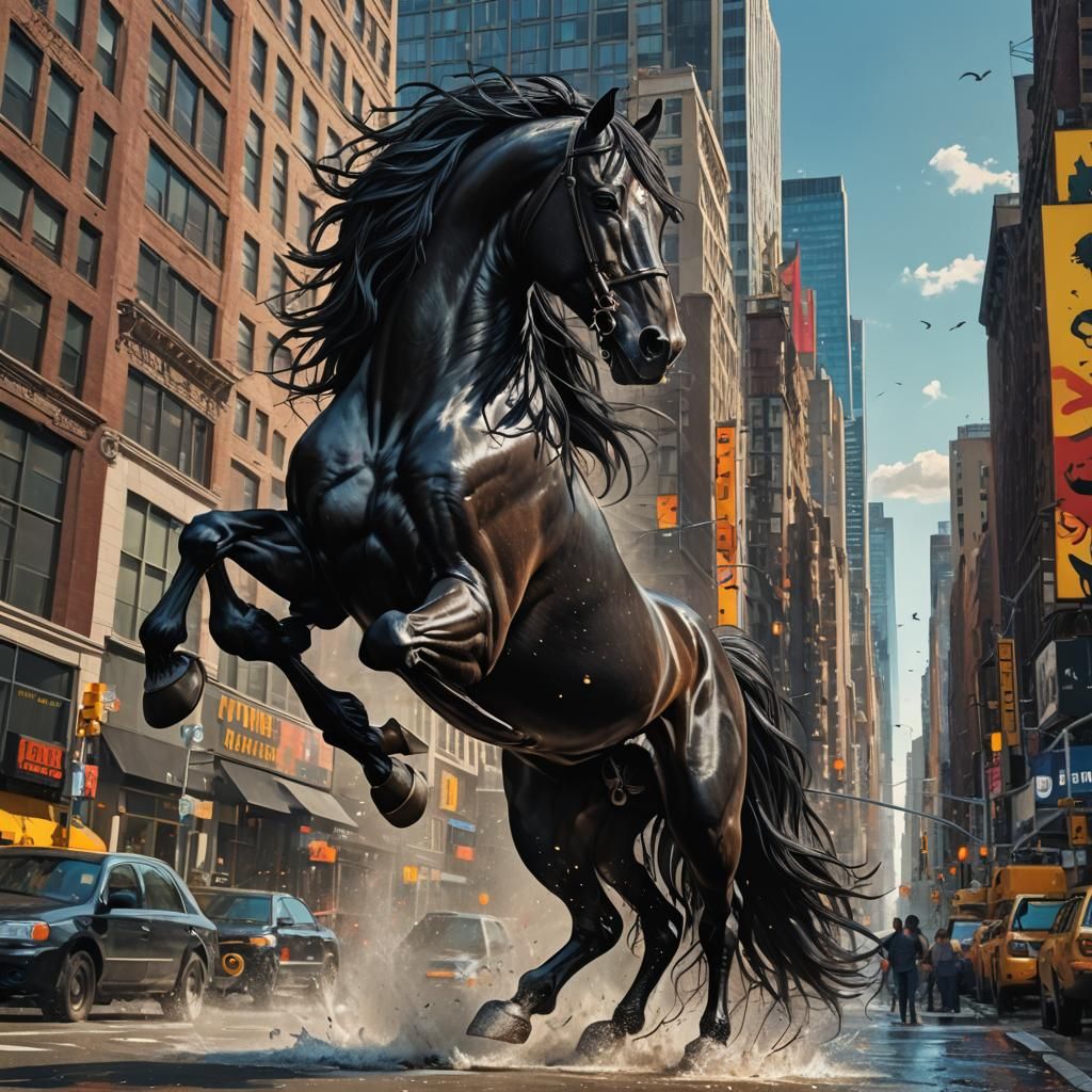 Surreal Black Stallion in NYC: Hyperrealistic Splash Art