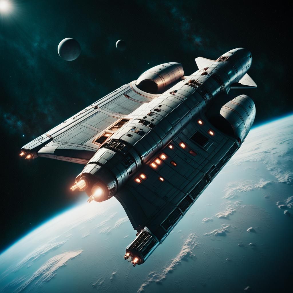 Sleek Galactic Starship Freighter in Deep Space
